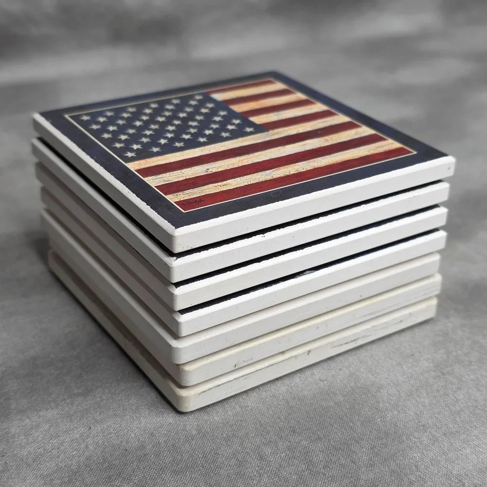 (X7)‎ Stoneware Coaster Set American Flag Patriotic Americana 2 Designs